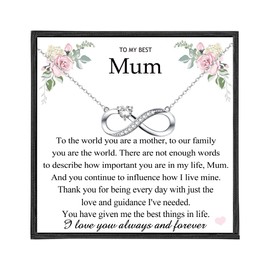ADVIOK Infinity Necklace for Mum, 925 Sterling Silver Necklace with Heart Cubic Zirconia Jewellery Mothers Day Birthday Gifts with Card & Box for MAMA Mother