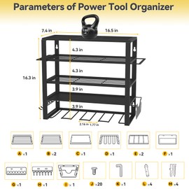 jsyonii Power Tool Organizer,4 Drill Holder Wall Mount,5 Layers Garage Tool Organizers and Storage Rack,Metal Heavy Duty Tool Shelf with Removable Screwdriver/Pliers/Hammer/Wrench Holder Black