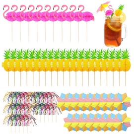Cocktail Picks Set, 80-Piece Cocktail Accessories, 20 Flamingo Fruit Skewers, 20 Pineapple Fruit Skewers, 20 Paper Umbrella Sticks, 20 Firework Picks, Perfect for Parties, Weddings, and Spec