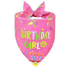 WoffBow Dog Birthday Girl Bandana for Small Dogs - Reversible Pink Confetti Tie-On Scarf, Happy Birthday Party Outfit Puppy Gift, 9-14" Neck