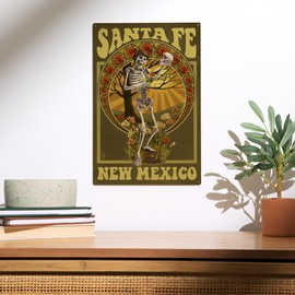 Lantern Press 10x15 Inch Wood Sign, Ready to Hang Wall Decor, Santa Fe, New Mexico, Day of the Dead, Skeleton Holding Sugar Skull