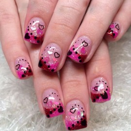 24 Pcs Press on Nails Pink French Fake Nails Set Short Square False Nails Glitter Heart Designs Glossy Full Cover Acrylic Nails Kit Stick on Nails for Women Nail Art Decorations