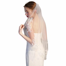 RULTA 1 Tier Lace Appliques Bridal Veil Crystal Beaded Tulle Wedding Veils with Comb (Ivory)