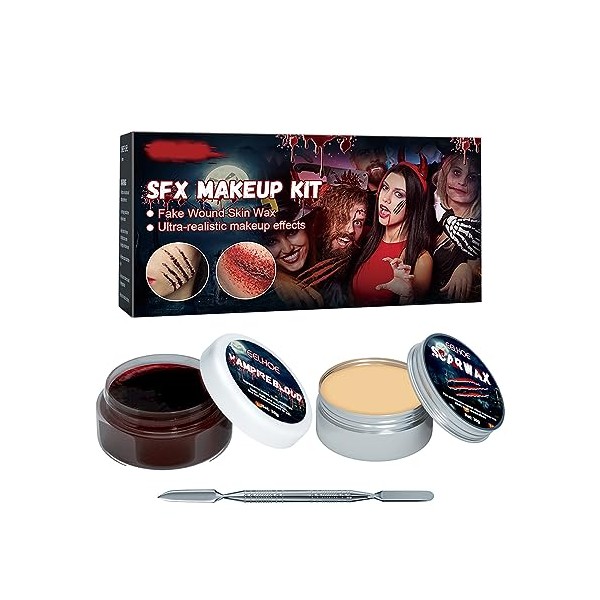 SFX Makeup Kit, Halloween Cosplay Zombie Vampire Special Effects Make Up Set,Scar Wax Kit for Fake Scars Wounds Burns Face Body Paint( 30g Scar Wax and 30g Scab Blood)