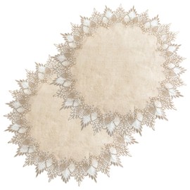 URROMA 2Pcs Linen Round Doily, 24 * 24in Beige Table Cover with Lace Trim, Coffee Table Topper Table Decor Tablecloth for Dining Room Kitchen(60 * 60cm)