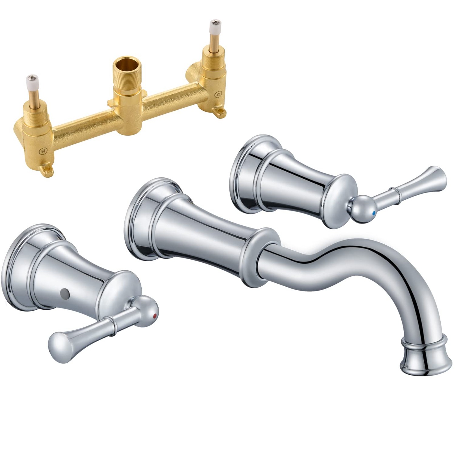 WINKEAR Wall Mount Bathroom Sink Faucet 3 Hole Chrome 2 Lever Handles 8 ...