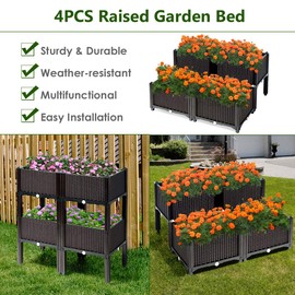 Giantex Set of 4 Raised Garden Bed kits, Plastic Elevated Garden beds with Brackets for Flowers Vegetables, Outdoor Indoor Planting Box Container for Garden Patio Balcony Restaurant, Easy Assembly (4)