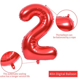 40 Inch Red Large Numbers Balloons 0-9, Number 2 Digit 2 Helium Balloons, Foil Mylar Big Number Balloons for Birthday Party Anniversary Supplies Decorations