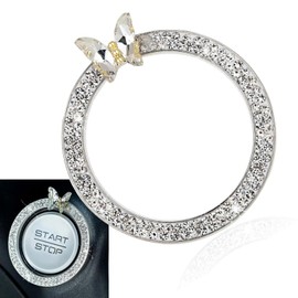 Zeathery Bling Push Button Start Decorative Rings, Rhinestone Ribbon Alloy Soft Ceramic Ignition Start Button Ring Cover, Creative Women's Interior Auto Accessories, Suitable for Most Cars (White)