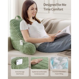 Blissful Diary Reading Pillow, Backrest Pillow with Shredded Memory Foam for Adult & Children, Designed for Bed and Couch Sitting Up, Includes Arms, Pockets and Washable Cover, Sage Green