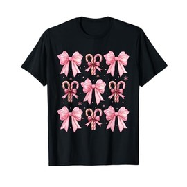 Coquette Bow Candy Canes Christmas Women Girls Teen Pink Bow T-Shirt