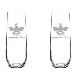 MIP Set of 2 Glass Champagne Flutes Sparkling Wine Glasses Queen Bee (8.5 oz Stemless)