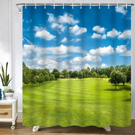 GardEssere Green Golf Field Shower Curtain with 12 Hooks Golf Course Blue Cloudy Sky Shower Curtains for Bathroom Grassland Great Lawn Bathroom Decor Waterproof Bath Curtain 183X183 CM