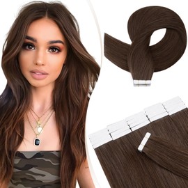 Elailite Tape in Hair Extensions Real Human Hair 20 Pcs 30g Invisible Thin Type - Skin Weft Invisible Remy Hair Extension (#4 Medium Brown, 22 Inch)