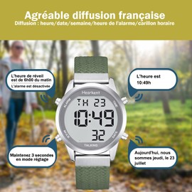 Hearkent Senior Talking Wrist Watch Large Number Easy to See French Voice Loud and Clear, Nylon Green, Strap