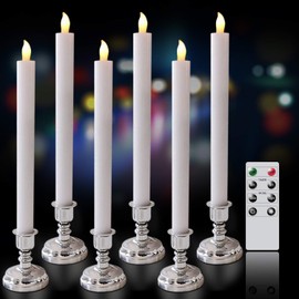 Eldnacele Flameless Window Candles with Remote Timer, Flickering Battery Operated White LED Taper Candles Pack of 6, Real Wax with Silver Holders for ChurchDinning Wedding Party Decoration, White