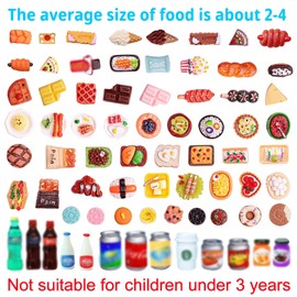 DAVBNM 80 Pcs Miniature Food Drink Mixed Resin Mini Pretend Foods Play, Miniature Dolls House Food Accessories, 1:12 Scale Miniature Kitchen Accessories for Doll House