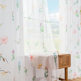 youleyar Floral Sheer Curtains for Living Room 72 Inches Long 2 Panels White Semi-Sheer Curtain with Flower/Leaves Printed Pattern Summer/Spring Rod Pocket Voile Drapes for Bedroom, 52" W x 72" L