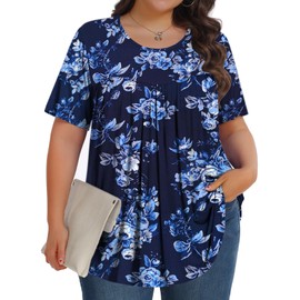 Tencede Womens Plus Size Tops Shirts Short Sleeve Crew Neck Tunic Casual Soft Clothes Rose Blue Flower 2X