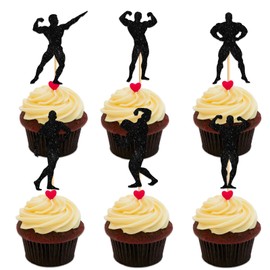 Muscleman Cupcake Topper for Weight lifting Gym Theme Party Favors Decorations Fitness Enthusiast Happy Birthday Party Decor Supplies set 18pcs Black Glitter Silhouette