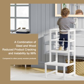 INNOD Kitchen Step Stool for Toddlers, Height Adjustable Toddler Tower with Safety Rail, Steel and Wood Toddler Kitchen Stool Helper Kids, Stool for Kids, Learning Tower, Kids' Desk White