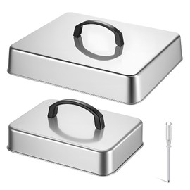 2pcs Rectangular Basting Cover, Stainless Steel Cheese Melting Dome Basting Steaming Cover, Heavy Duty Griddle Grill Accessories, Large 13In & Small 8.8In, with Handle & Screwdriver, Dishwasher Safe