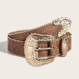SportsWell Floral Print Western Belts for Women Cowgirl Cowboy Country Leather Belt Fashion Vintage Belt for Jeans Gold Suit for 33-36" waist