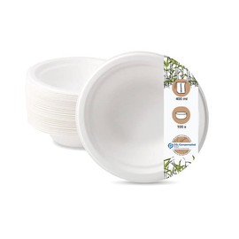 BIOZOYG Disposable Bowls Pack of 100 400 ml Diameter 18 cm White - Soup Plates Made of Sugar Cane Party Tableware Disposable Plates Soup Bowls - Bowl Pasta Plates, Deep Plates Stable