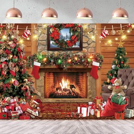 Christmas Fireplace Backdrop 10x8FT Winter Vintage Merry Christmas Eve Photography Background for Family Kids Xmas Party Decoration Portrait Photo Booth Props