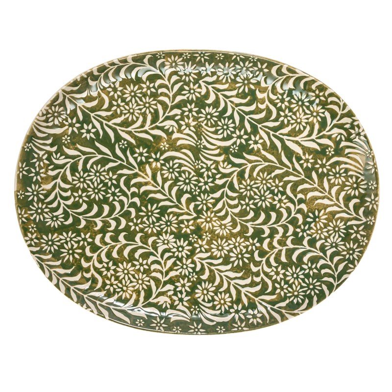 Creative Co-Op Stoneware Platter with Wax Relief Botanicals, Green