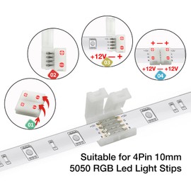 DAYBETTER 20 Pcs 4 Pin Led Light Connectors, 10mm Wide Led Connectors Unwired Gapless Solderless Adapter Clips for SMD 5050 RGB Multicolor Strip Lights, Strip Connectors for DIY