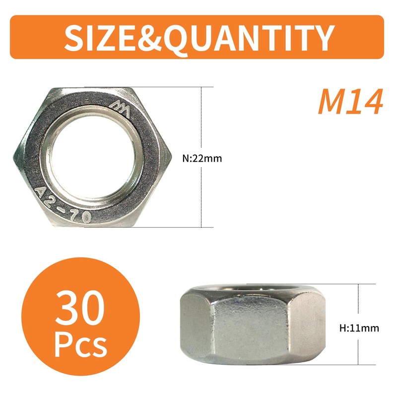 HXCOMET M14-2 Hex Nuts (30pcs), 304 Stainless Steel (18-8), DIN