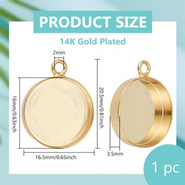 BENECREAT 925 Sterling Silver Bezel Cup, 16mm Round Blank Bezel Pendant with Loop for Earring Necklace DIY Jewelry Making, 14K Gold Plated Color
