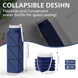 Popdigito 610ml Collapsible Water Bottles Upgrade Foldable Water Bottle BPA Free Reusable Lightweight LeakProof Silicone Water Bottles 20.6oz for Travel Hiking Office Camping Outdoor Sport Dark Blue