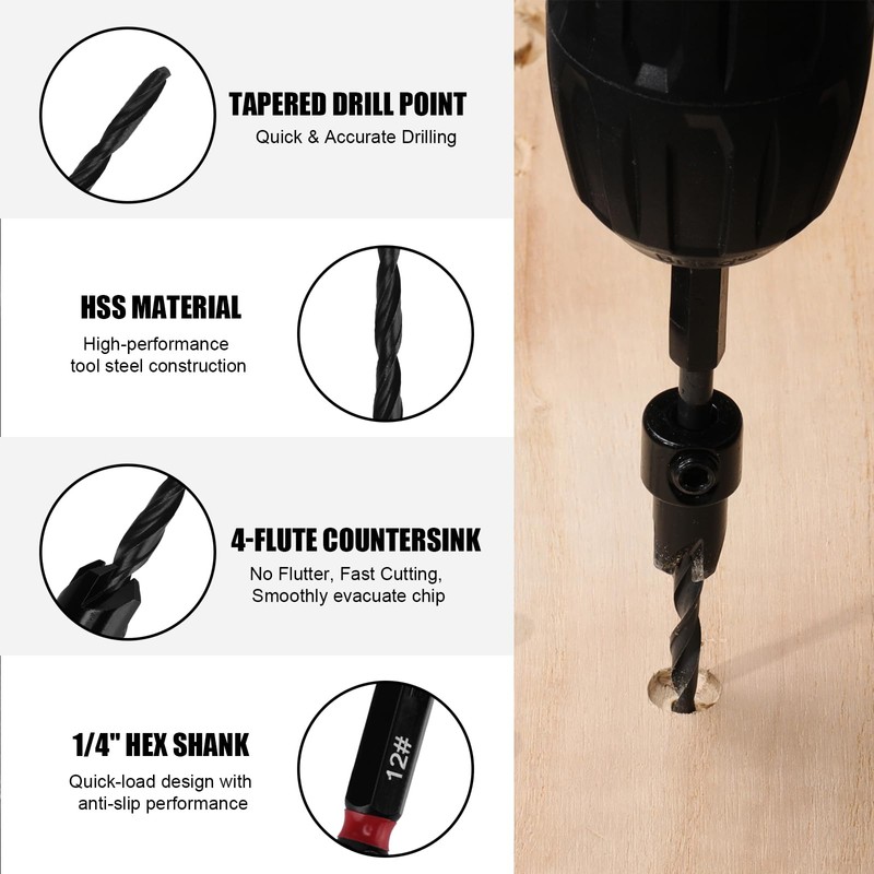 Mayouko Countersink Drill Bit Set, 15 PCS Tapered Drill Bits
