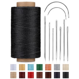 DIUDUS 218 Yards Waxed Thread, Leather Sewing Waxed Thread with Heavy Duty Sewing Needles, Leather Thread for Hand Stitching Leathercraft Repair Furniture Shoes Bags Sofa (Black)