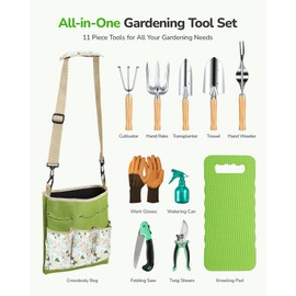 Grenebo All-in-One Garden Tool Set, 11-Piece Heavy Duty Gardening Tools with Ergonomic Canvas Shoulder Crossbody Bag, Rust-Proof Premium Garden Tool Kit, Gardening Gift for Women Men, Green, GR003