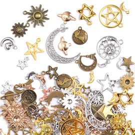 stino 100 Gram Moon Star & Sun Metal Charms for Jewelry Making, Silver & Gold, Bulk Pack Celestial Pendant for Bracelets, Necklaces, Crafts (Celestial Mixed Color)