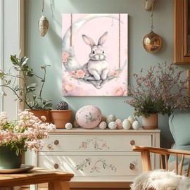 B.B.F MAKE Pink Easter Bunny Canvas Wall Art, Floral Easter Bunny and Moon Picture Rustic Print Holiday Painting Spring Home Artwork Bedroom Living Room Nursery Decorations, Framed 11x14inch