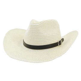 Cowboy Hat Straw Wide Brim UV Sun Beach Hat Cowgirl Panama Hat Women Sombrero UV Protection Western Hat with Chin Strap, White, Medium