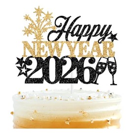 Decoración para tartas Happy New Year 2026, Goodbye 2025 Hello 2026, suministros de decoración para fiestas de Nochevieja, purpurina negra y dorada