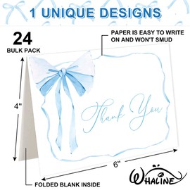 Whaline 24 Packs Blue Bow Thank You Cards Coquette Bowknot Greeting Card Blank Note Cards with Envelopes and Stickers for Birthday Wedding Baby Shower, 4 x 6 Inch