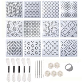28Pcs 4.7 x 4.7 Inch Plastic Sashiko Stencil Kit with Thimble, Needles & Thread – Geometric Embroidery Template for Hand Quilting, Drawing & DIY Crafts