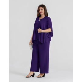 Hanna Nikole Women's Large Sizes Chiffon Evening Suit Sets Cocktail Party Festive Elegant 3-Piece Set Shirt and High Waist Trouser Suit, dark purple