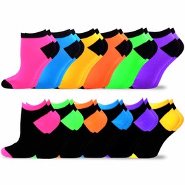 TeeHee Women's Acrylic Ankle No Show Low Cut Basic 12 Pair Black Colorful Neon Tip Toe Everyday Casual Sock (Neon-Heel & Toe)