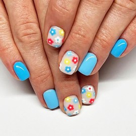 24Pcs Blue Press on Nails | Spring Summer Fake Nails,Colorful Flower Design Acrylic Nails,Short Square False Nails,Full Cover Glossy Stick on Nails for Women Girls Spring Summer Nail Art Decor