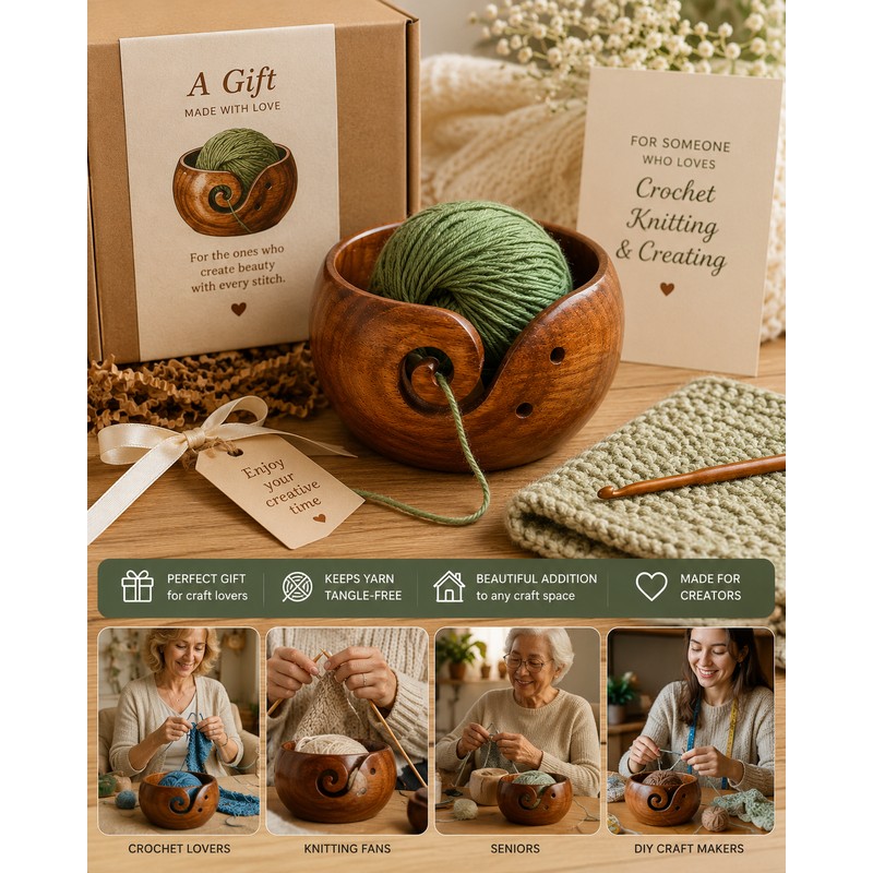 Wooden Yarn Bowl for Crocheting – Tangle-Free Knitting Organizer for