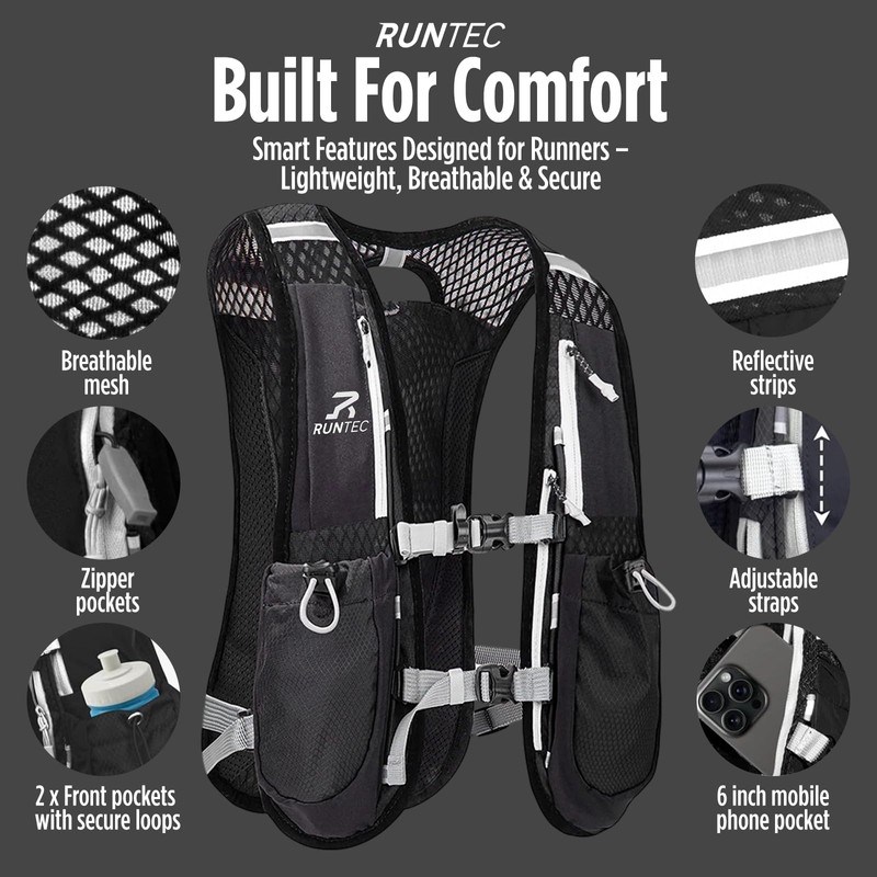 RUNTEC® Black Lightweight Running Vest Hydration Backpack | 2X Water