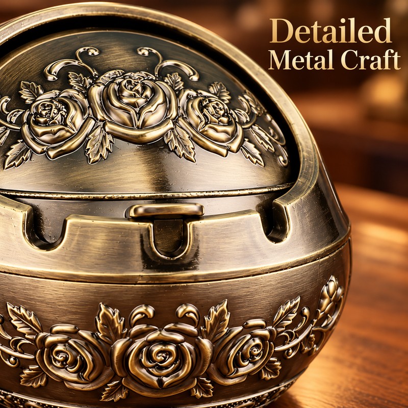 Retro Metal Ashtray with Lid – Decorative Covered Ashtray for
