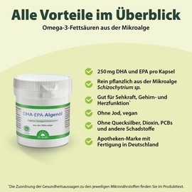 DHA-EPA Algae Oil Capsules I Omega-3 Fatty Acids from Microalgae I for Heart Function¹, Brain Function and Vision² I 250 mg DHA and EPA per Capsule I Dr. Jacob's I 60 Capsules, 60 Servings I Vegan
